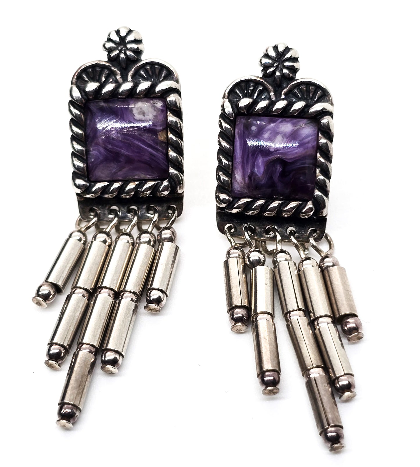 Relios Carolyn Pollack Charoite purple gemstone sterling silver tassel stud earrings