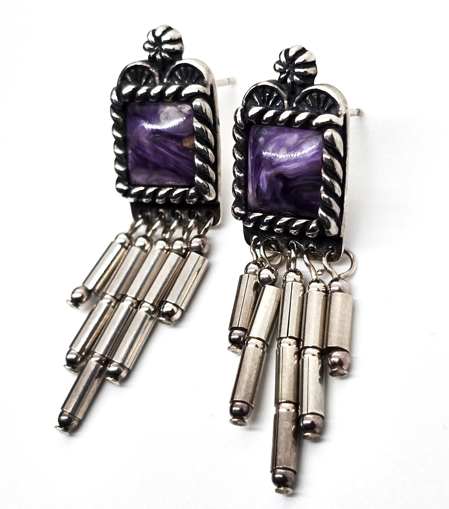 Relios Carolyn Pollack Charoite purple gemstone sterling silver tassel stud earrings