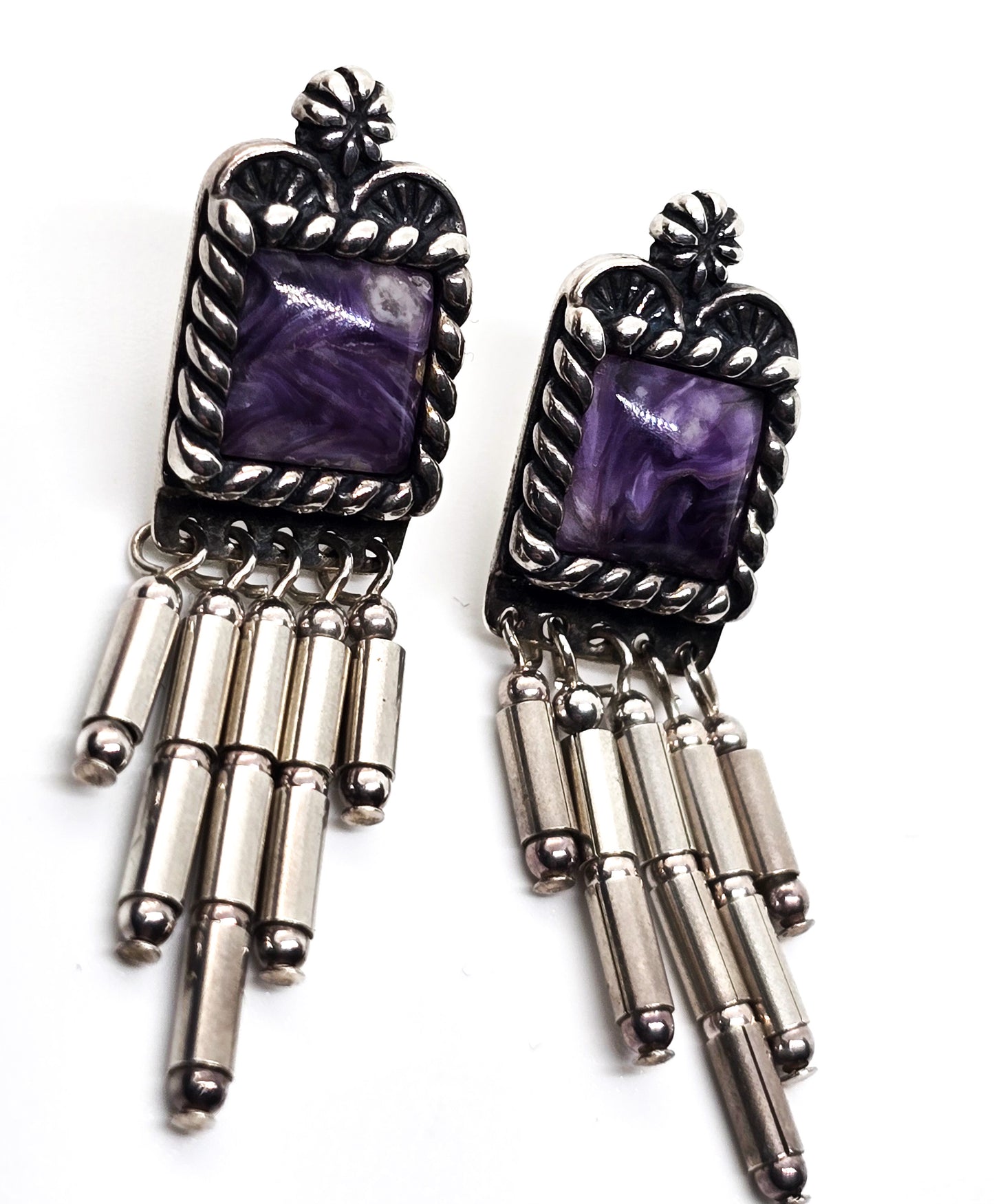 Relios Carolyn Pollack Charoite purple gemstone sterling silver tassel stud earrings