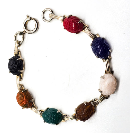 Egyptian Revival scarab beetle molded glass vintage mid century bracelet