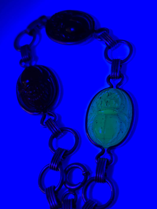 Egyptian Revival Scarab molded Uranium glass sterling silver vintage bracelet