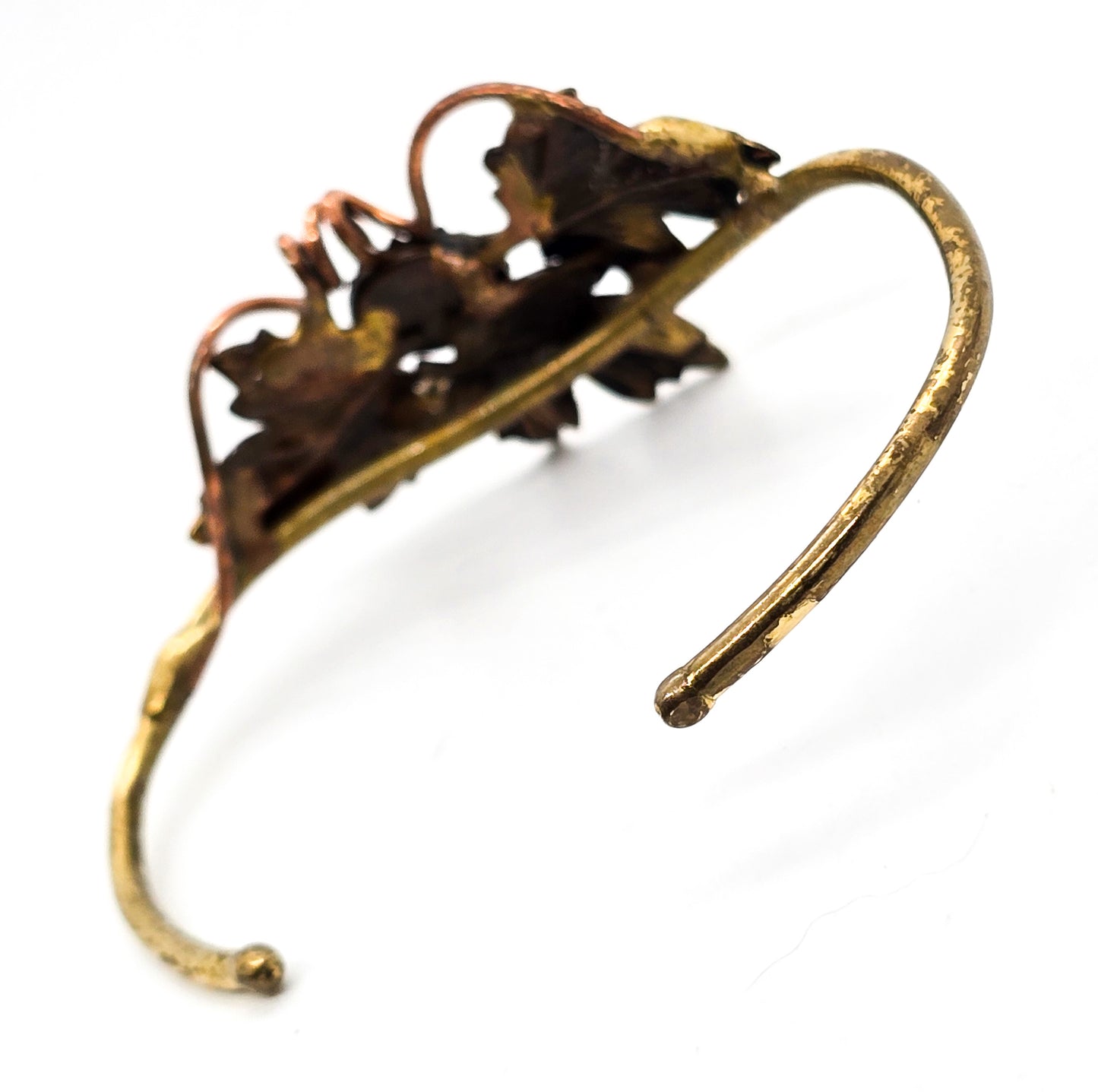 Brutalist Black Opal Triplet Leaf and Berry mixed metal brass vintage bangle bracelet