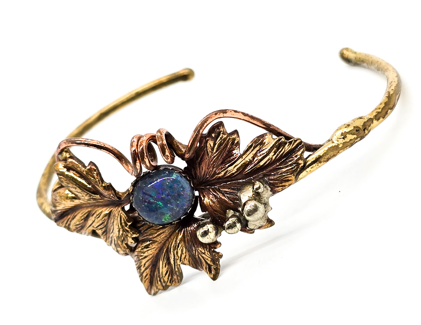Brutalist Black Opal Triplet Leaf and Berry mixed metal brass vintage bangle bracelet