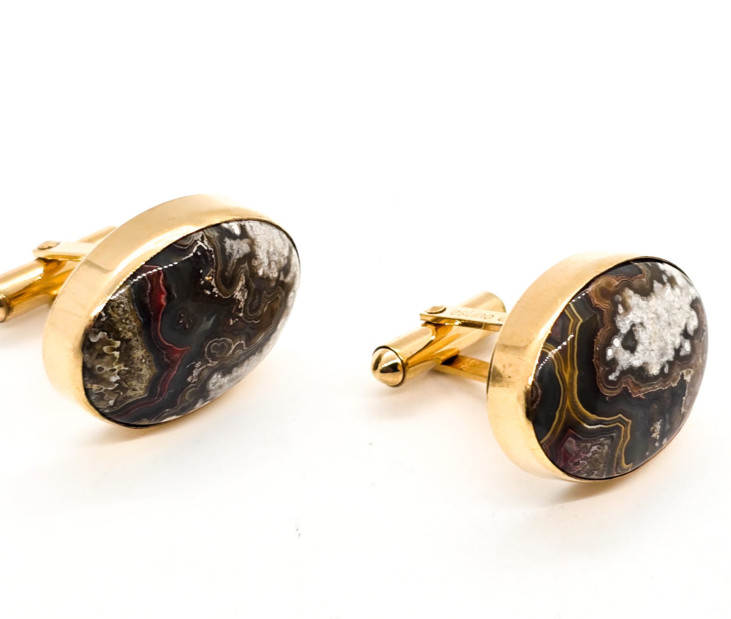 Destino Crazy Lace Agate 12k yellow gold filled vintage mid century cufflinks