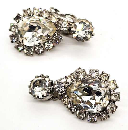 Weiss large pear cut clear rhinestone halo vintage chaton signed clip on earrings