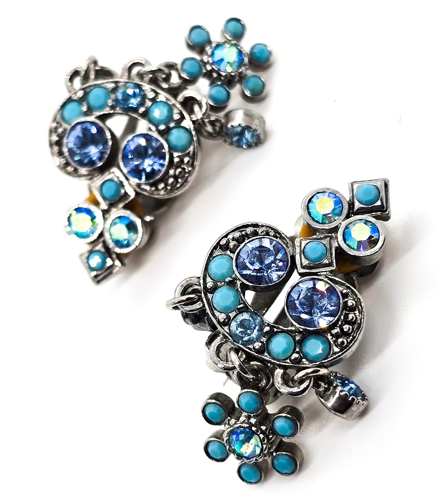 Kirks Folly blue turquoise Aurora Borealis vintage signed clip on drop earrings
