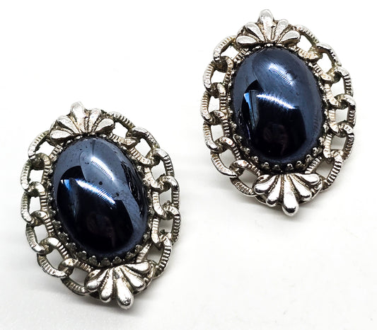 Whiting and Davis hematite silver chain signed vintage clip on earrings