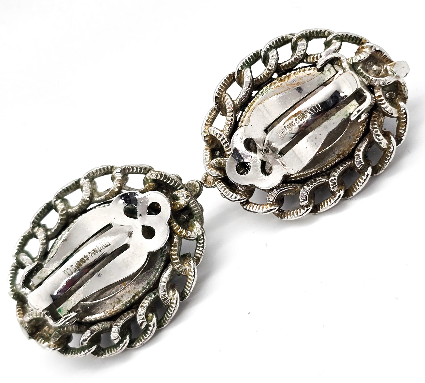 Whiting and Davis hematite silver chain signed vintage clip on earrings