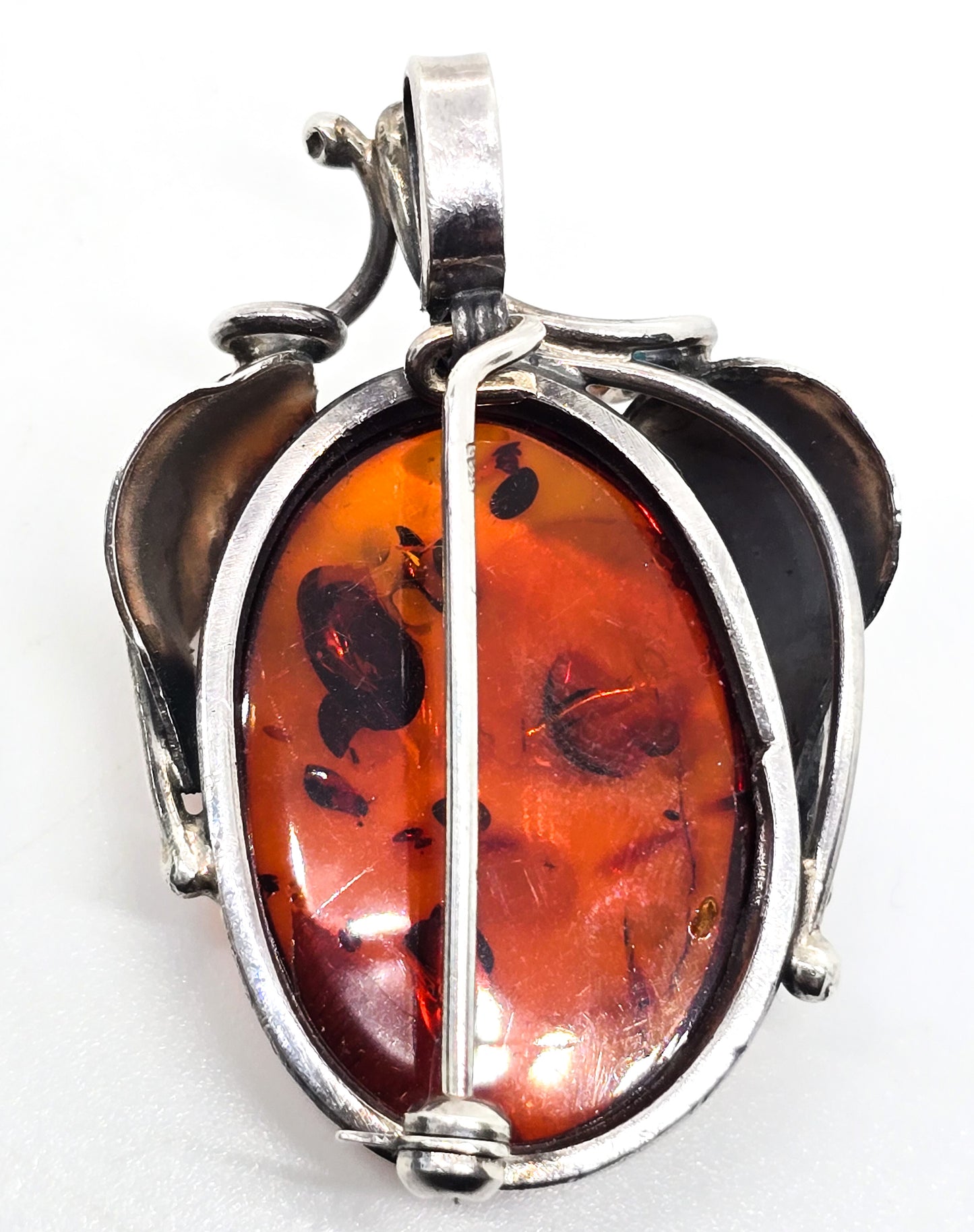 Baltic amber vintage feather large sterling silver pendant brooch
