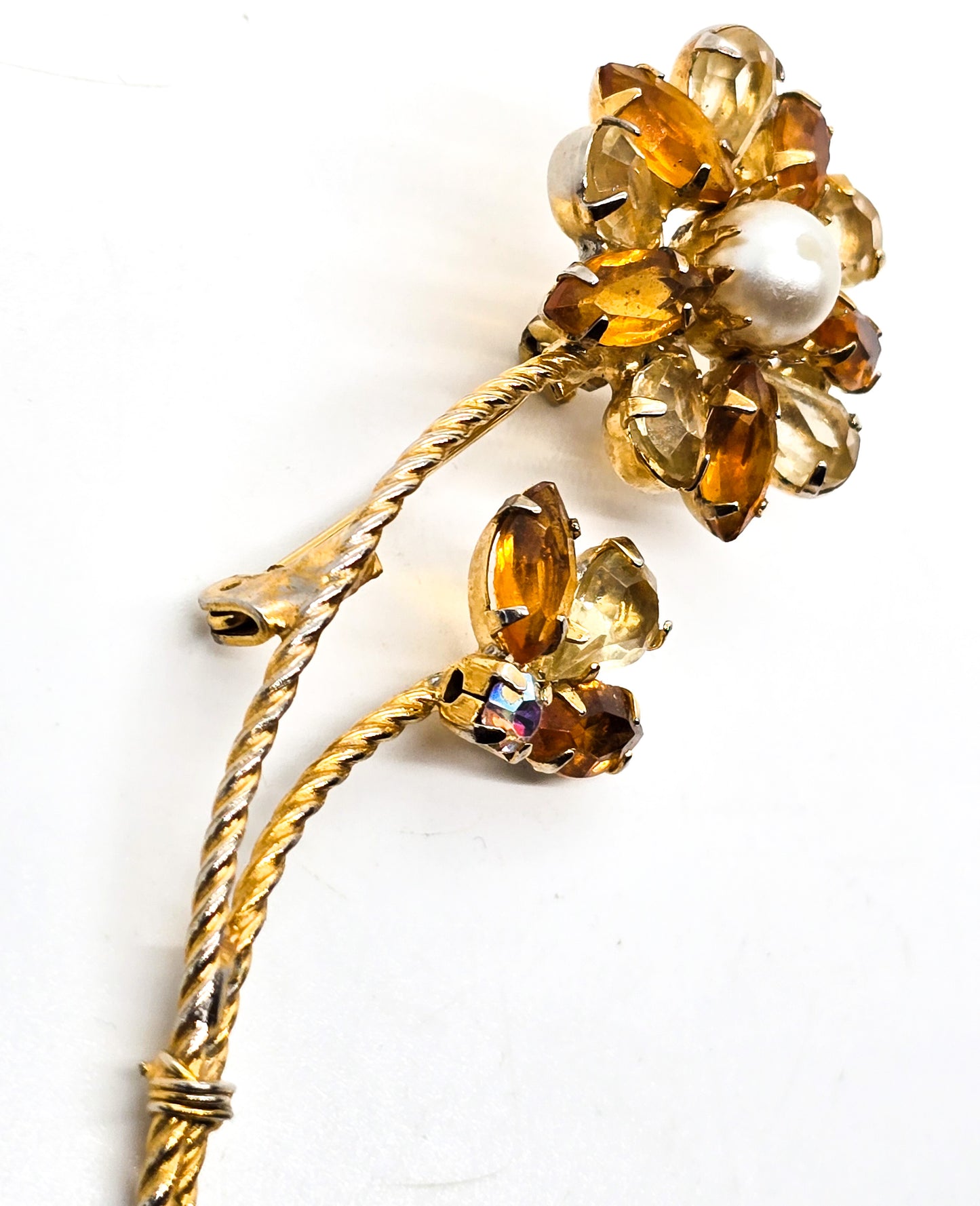 Amber and Topaz vintage Aurora Borealis double flower faux pearl gold toned brooch