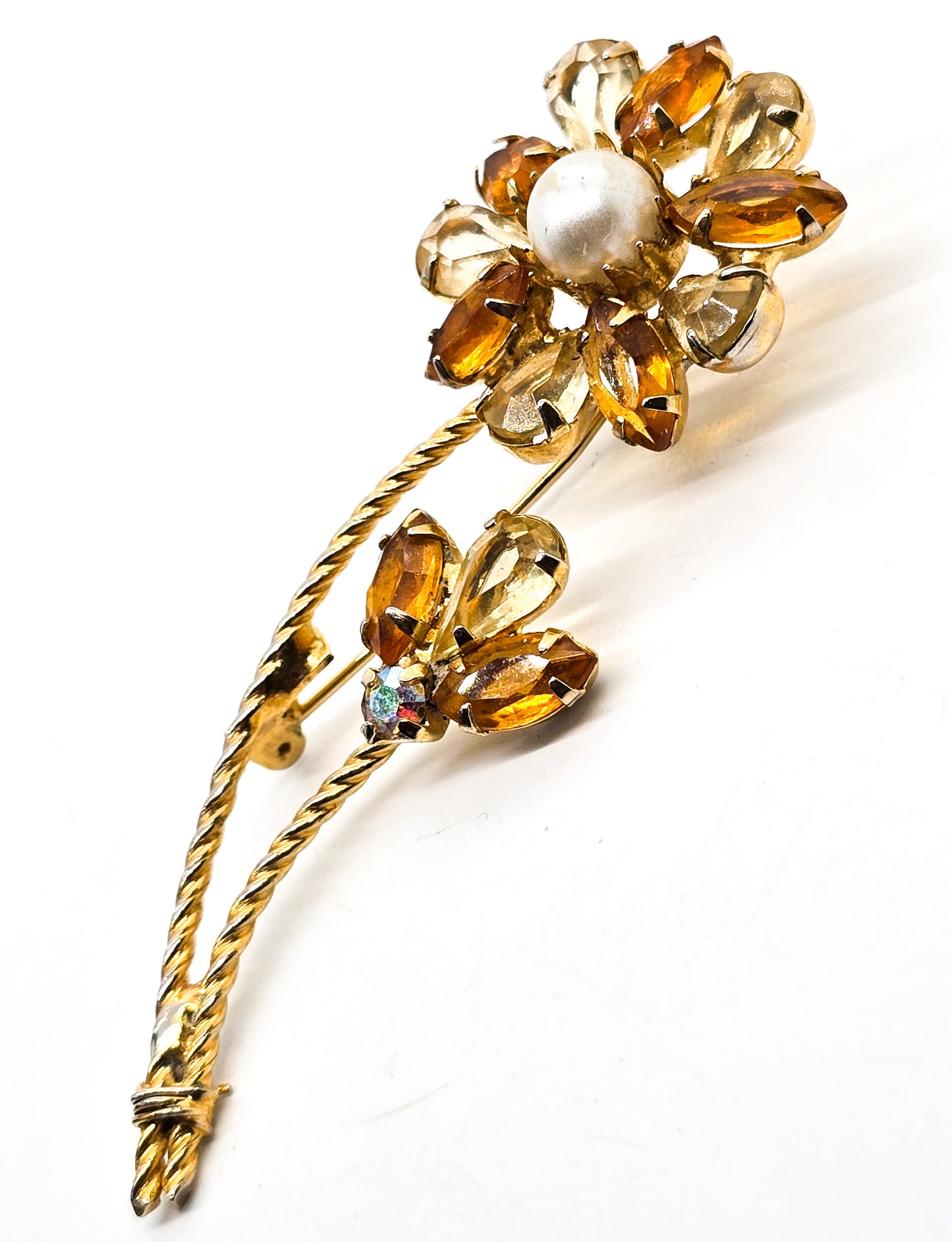 Amber and Topaz vintage Aurora Borealis double flower faux pearl gold toned brooch