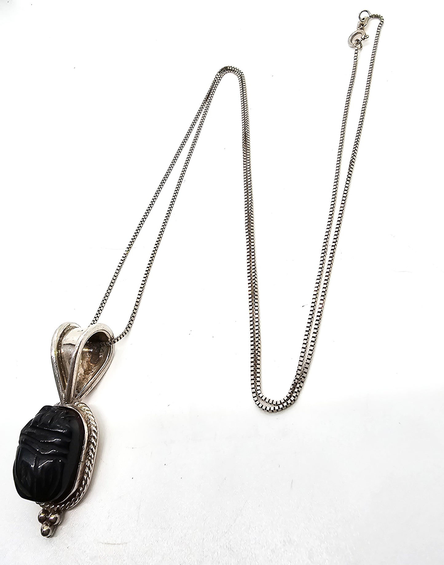 Scarab carved black onyx Egyptian Revival beetle vintage sterling silver necklace