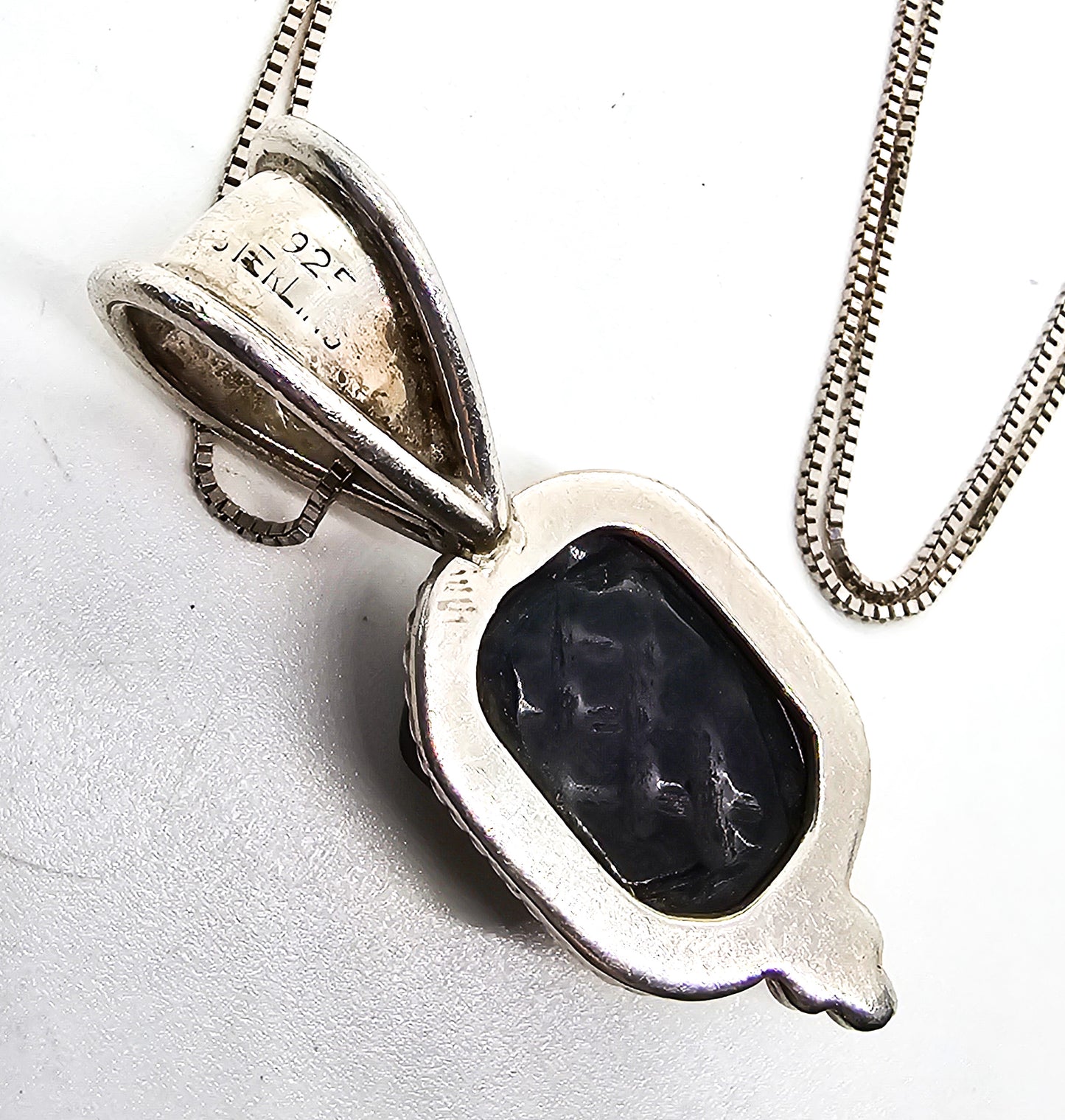 Scarab carved black onyx Egyptian Revival beetle vintage sterling silver necklace