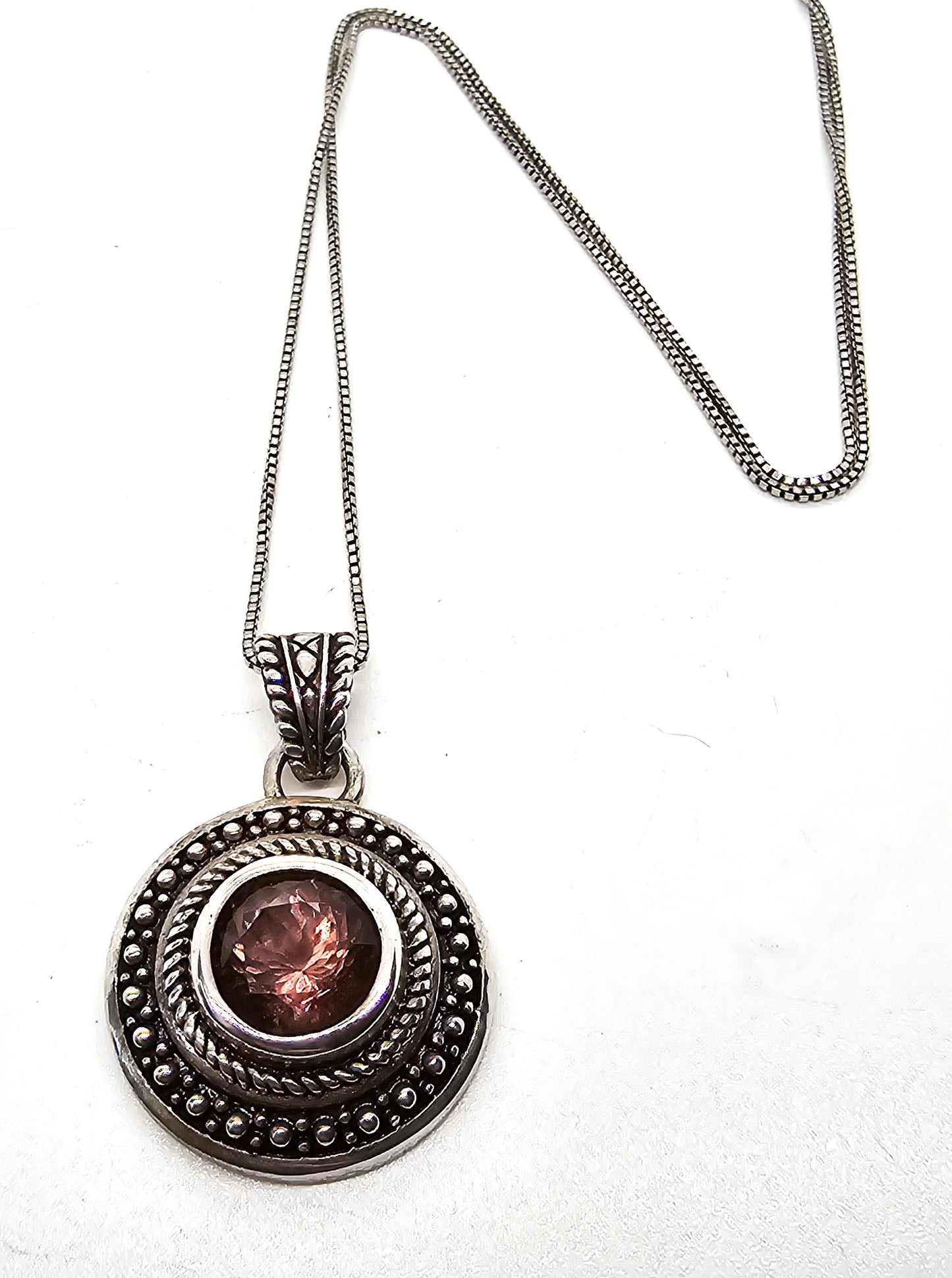 SGF Tribal Balinese Brown CZ faceted sterling silver medallion pendant necklace