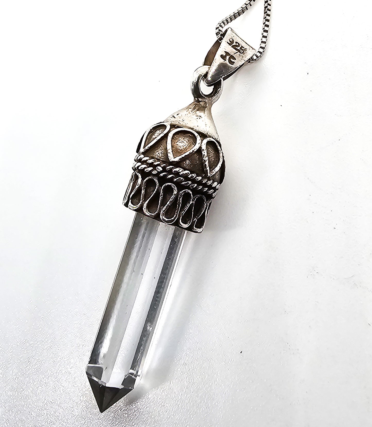 Terminated clear quartz JC Balinese Bali style sterling silver vintage pendant necklace