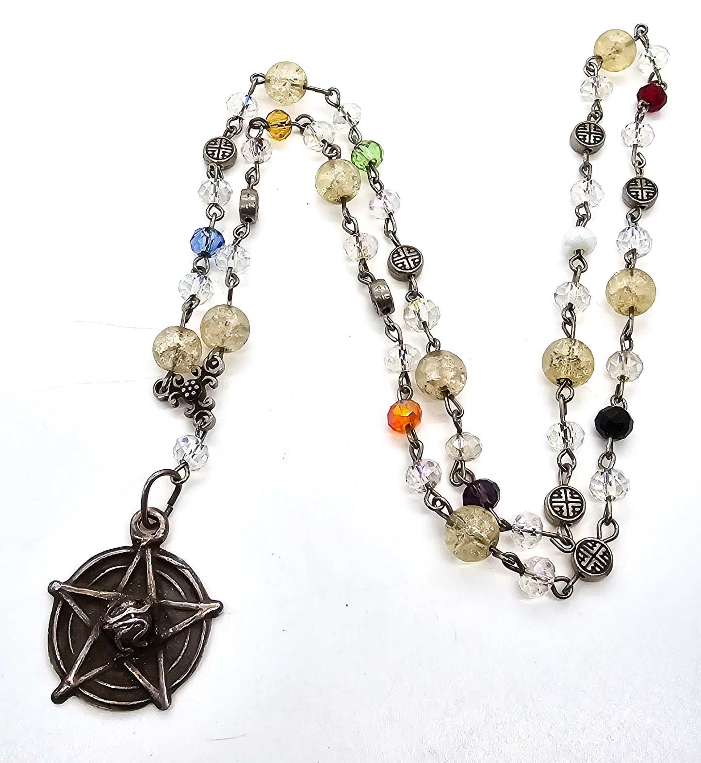 Pentacle whimsical spiral sterling star with beaded silver toned AB glass necklace