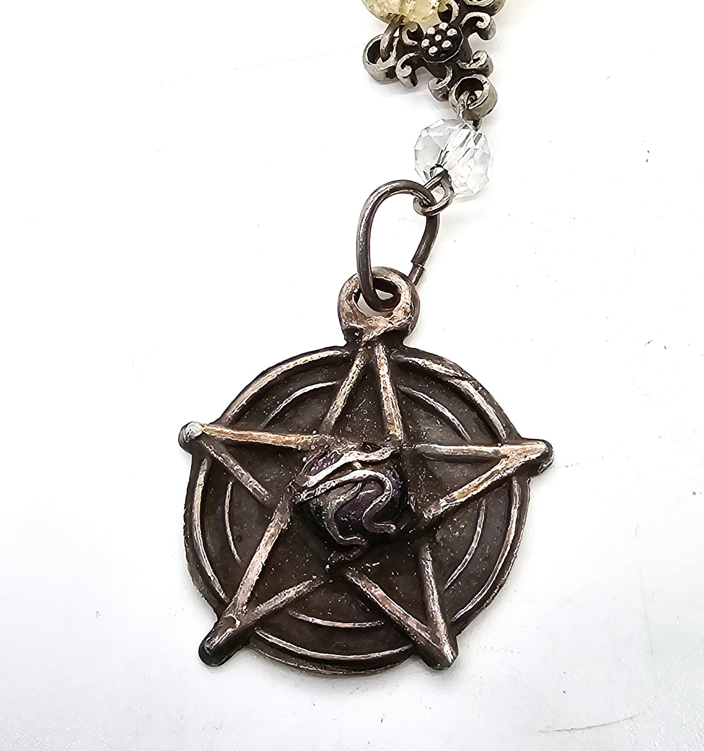 Pentacle whimsical spiral sterling star with beaded silver toned AB glass necklace