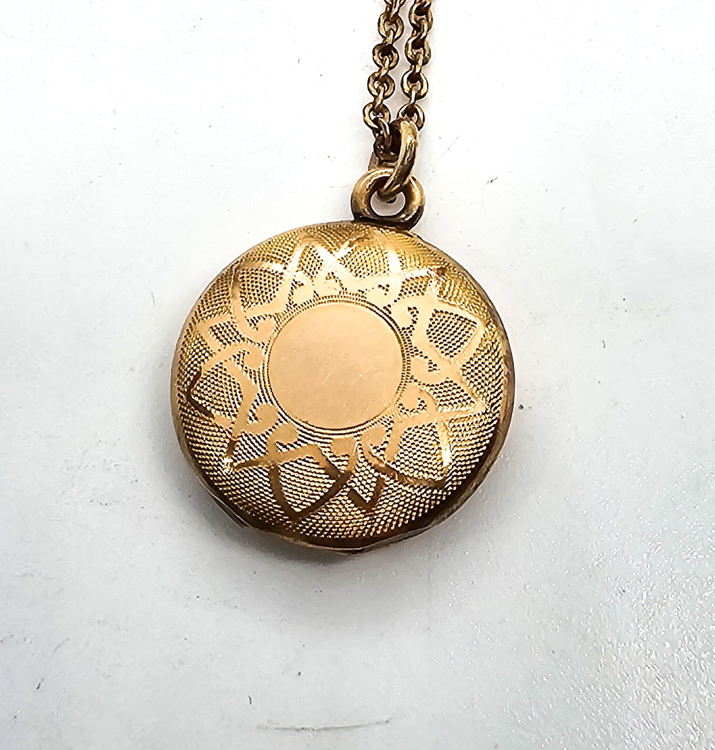 Gold filled etched mandala lotus flower locket mid century photo necklace