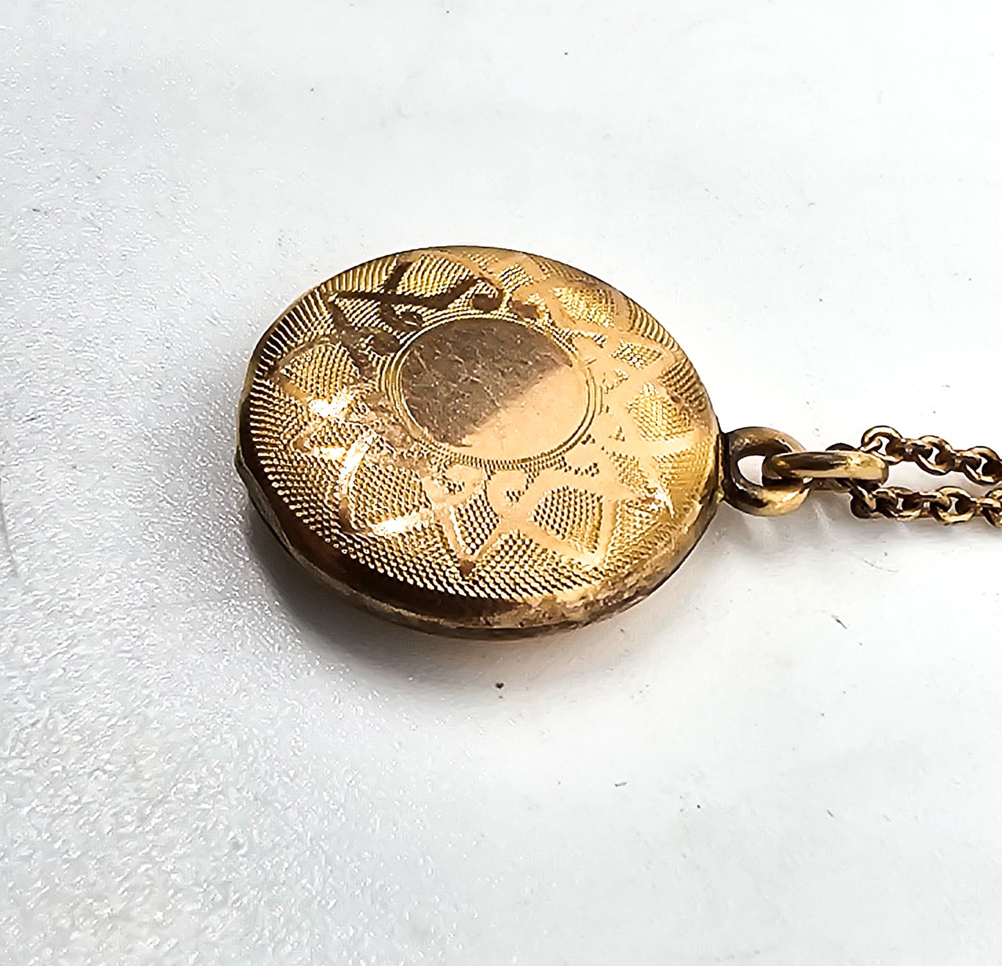 Gold filled etched mandala lotus flower locket mid century photo necklace