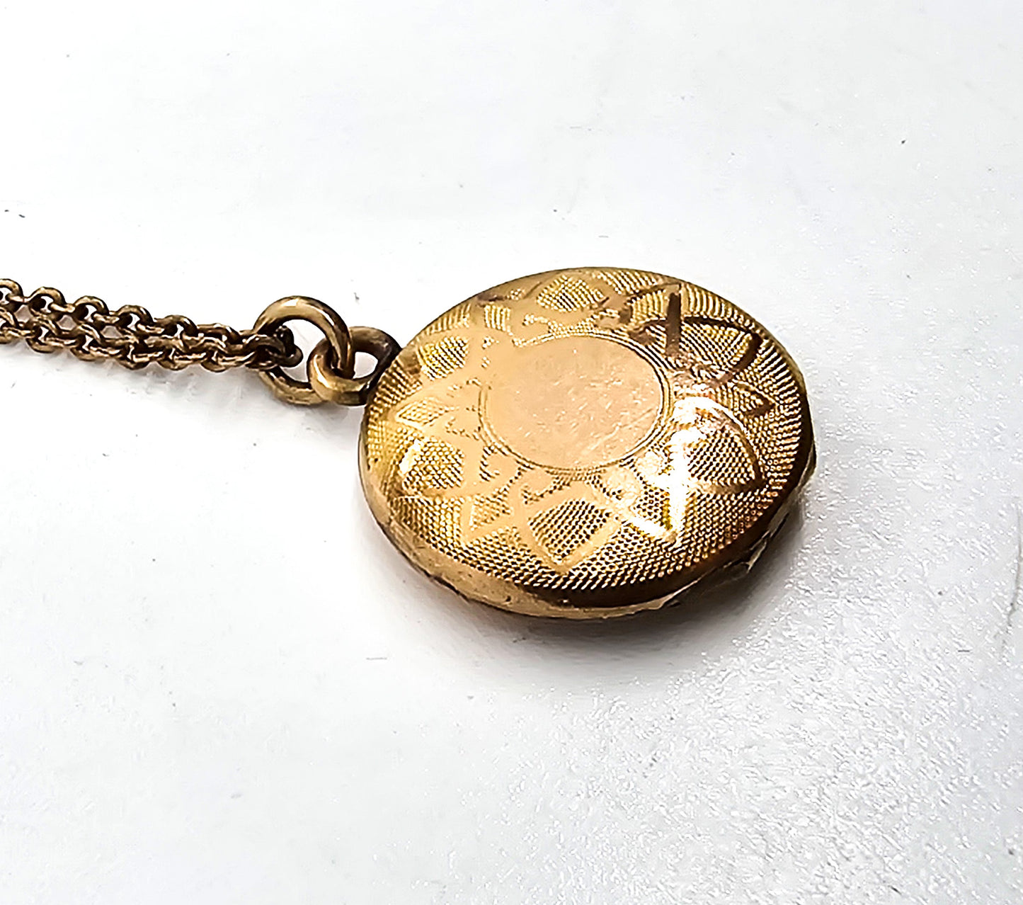 Gold filled etched mandala lotus flower locket mid century photo necklace