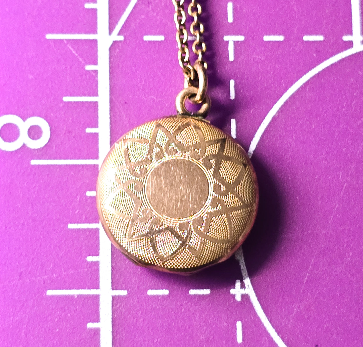 Gold filled etched mandala lotus flower locket mid century photo necklace