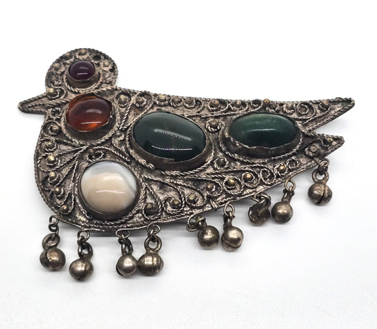 Gemstone bird tribal ethnic belly dance bell vintage silver toned brooch