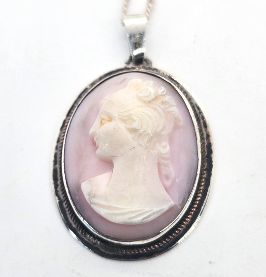 Pink angel skin coral carved cameo vintage sterling silver pendant necklace