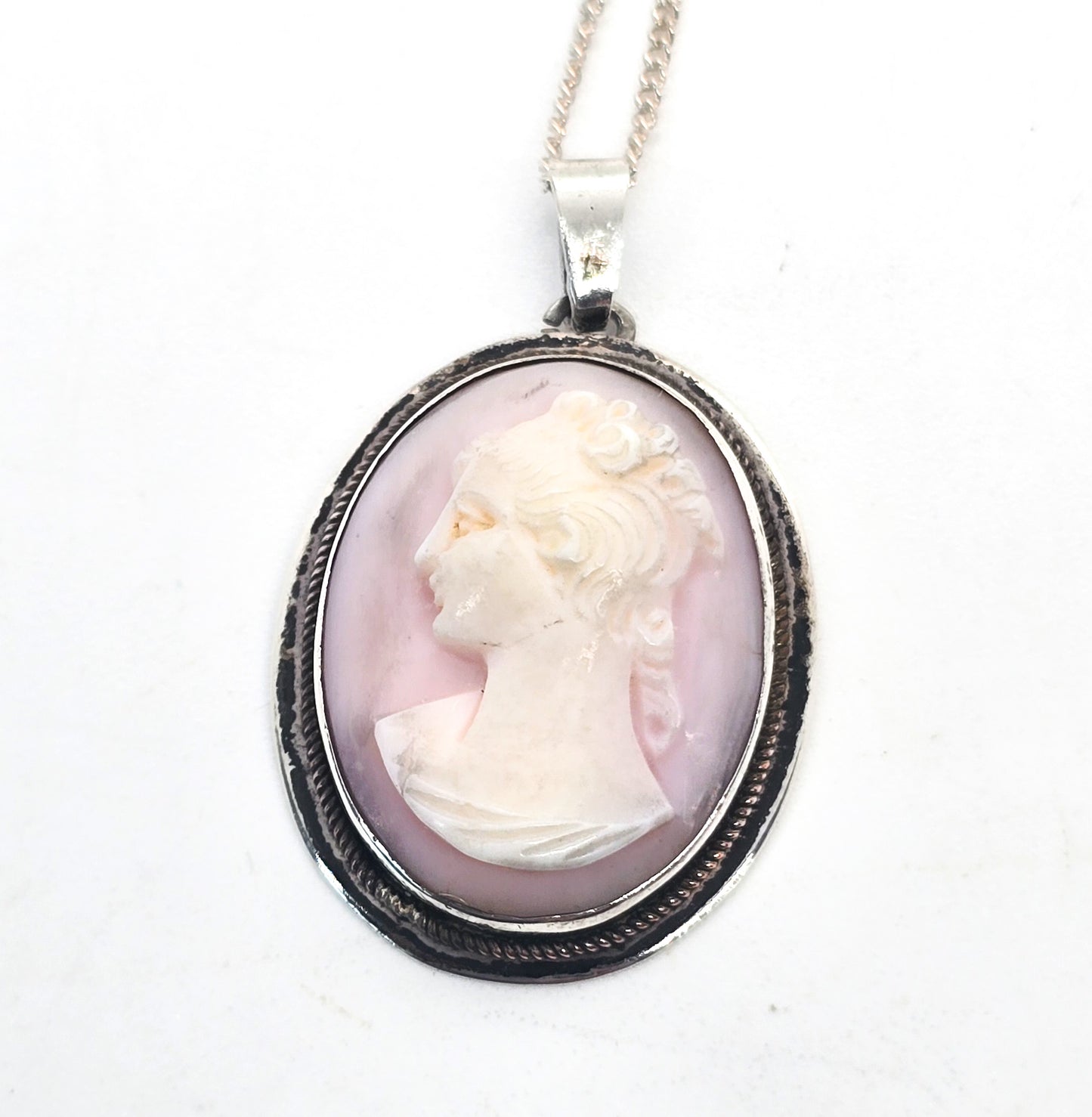 Pink angel skin coral carved cameo vintage sterling silver pendant necklace
