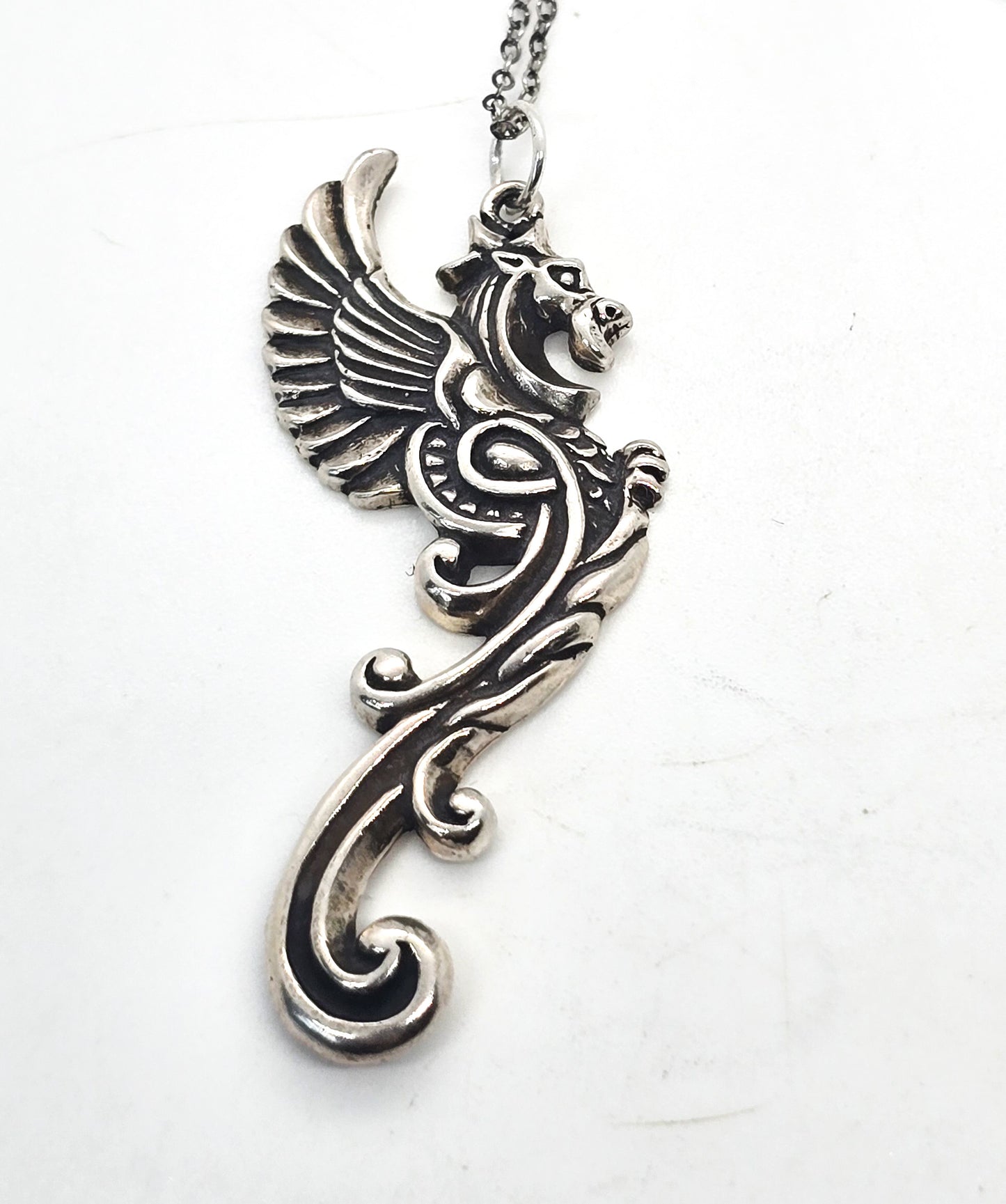 Tribal dragon large winged sterling silver pendant necklace