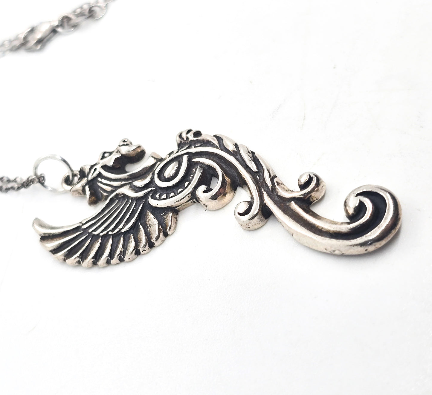 Tribal dragon large winged sterling silver pendant necklace