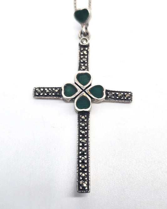 Green Chrysoprase lucky clover Irish marcasite sterling silver vintage necklace
