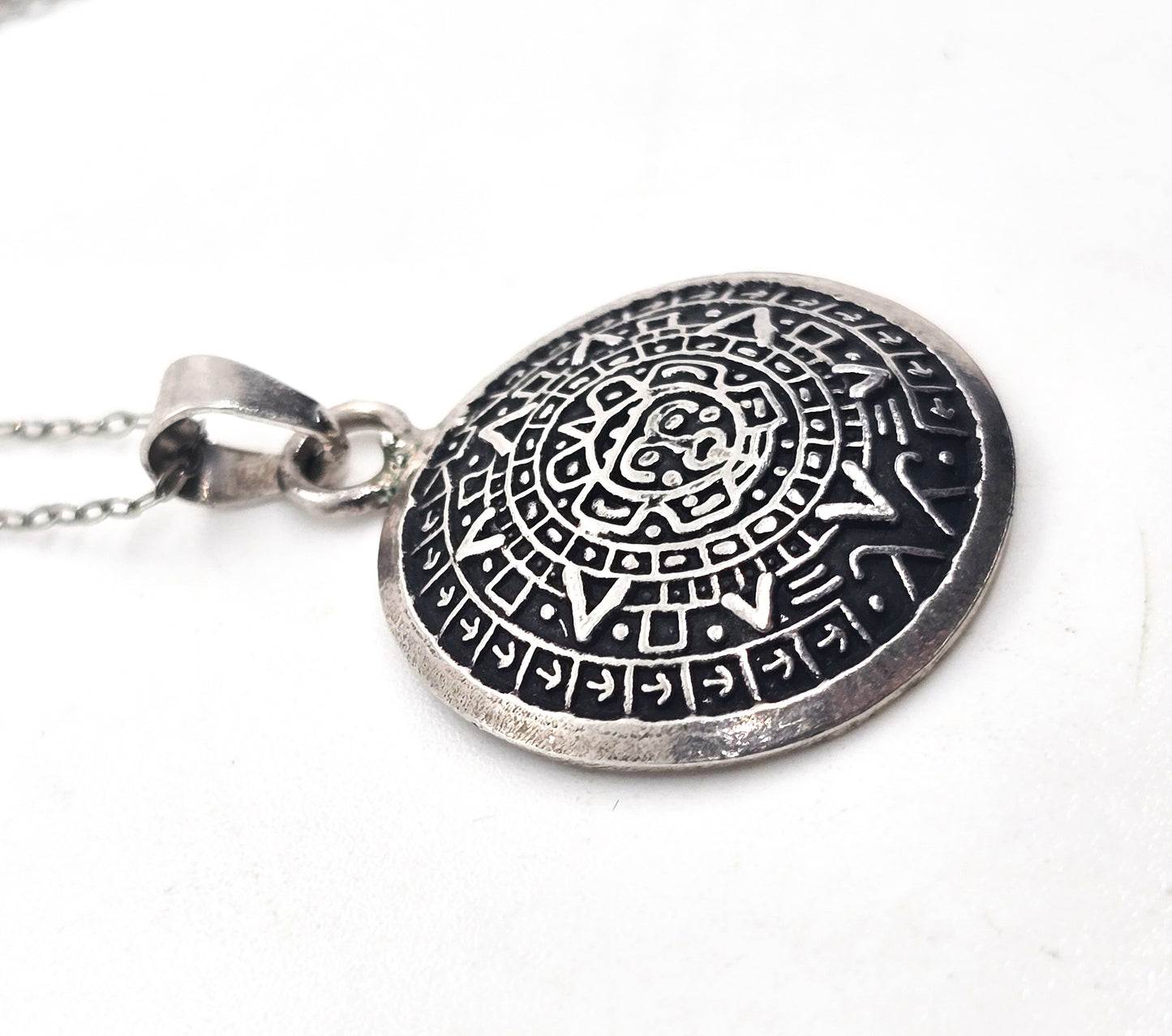 Aztec calendar Mexican vintage sterling silver medallion necklace