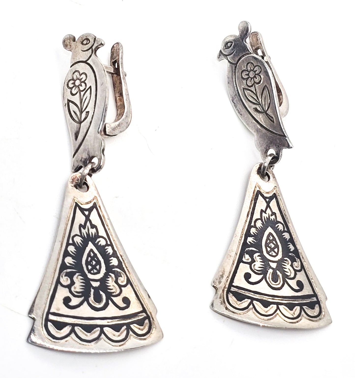 Peacock lever back black enamel drop vintage sterling silver earrings