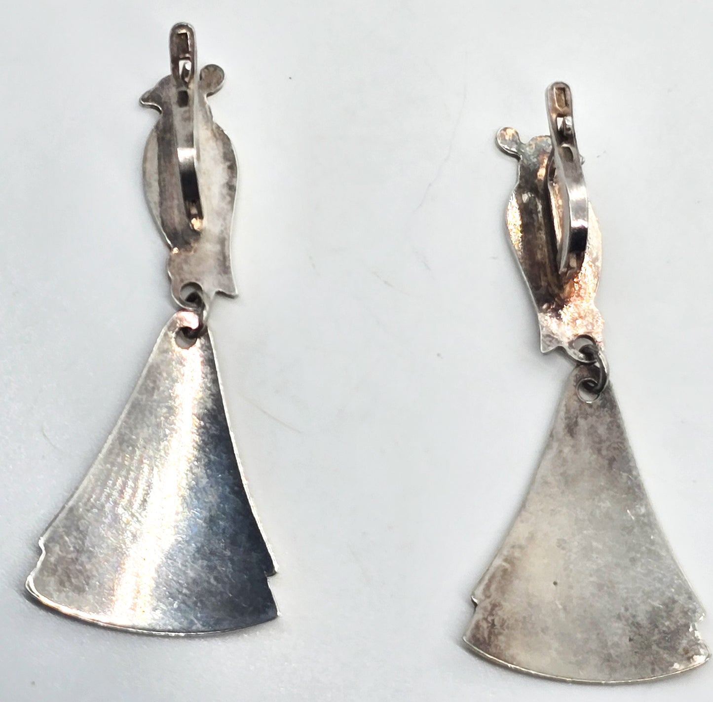 Peacock lever back black enamel drop vintage sterling silver earrings