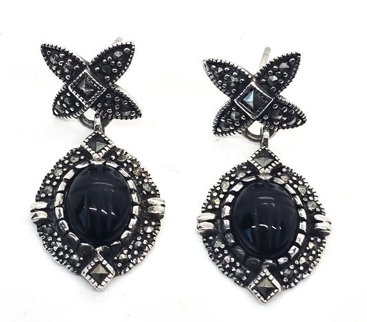 Scarab carved black onyx Egyptian Revival marcasite vintage sterling silver earrings
