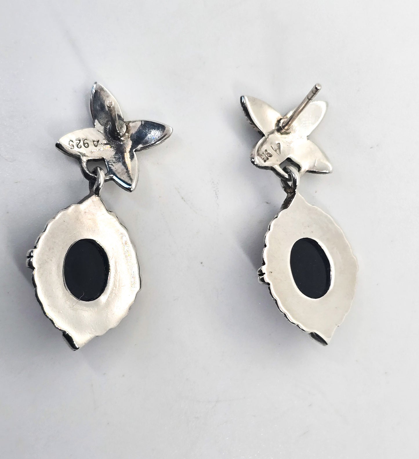 Scarab carved black onyx Egyptian Revival marcasite vintage sterling silver earrings
