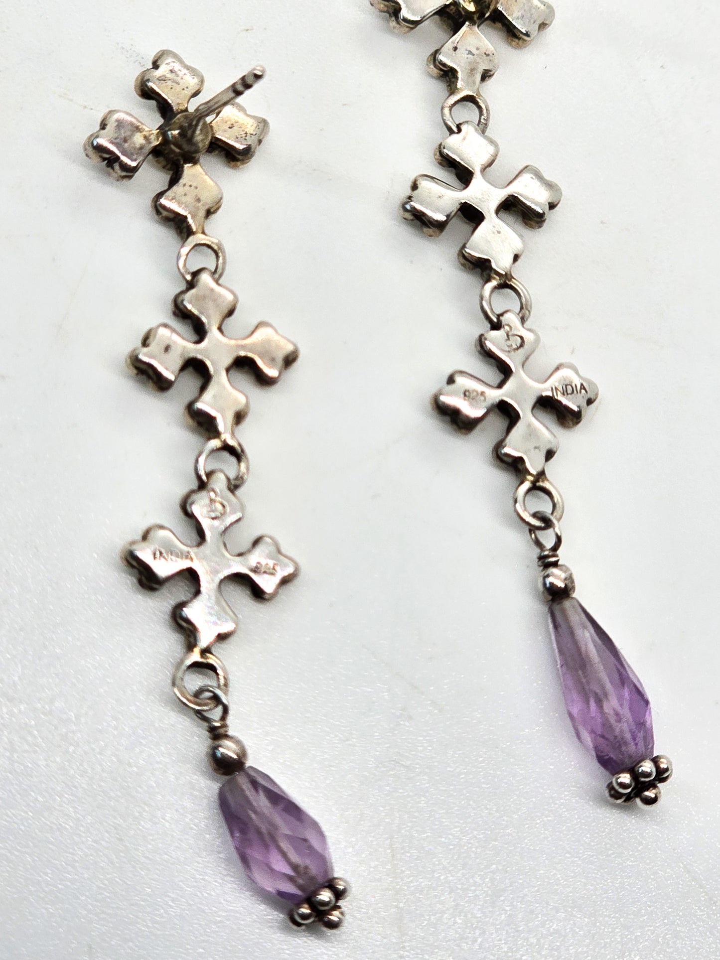 Doug Paulus amethyst Maltese cross vintage sterling silver drop earrings 2 inches