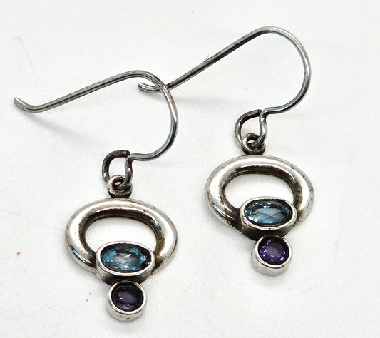 SAW Blue topaz and Iolite gemstone modernist sterling silver drop earrings
