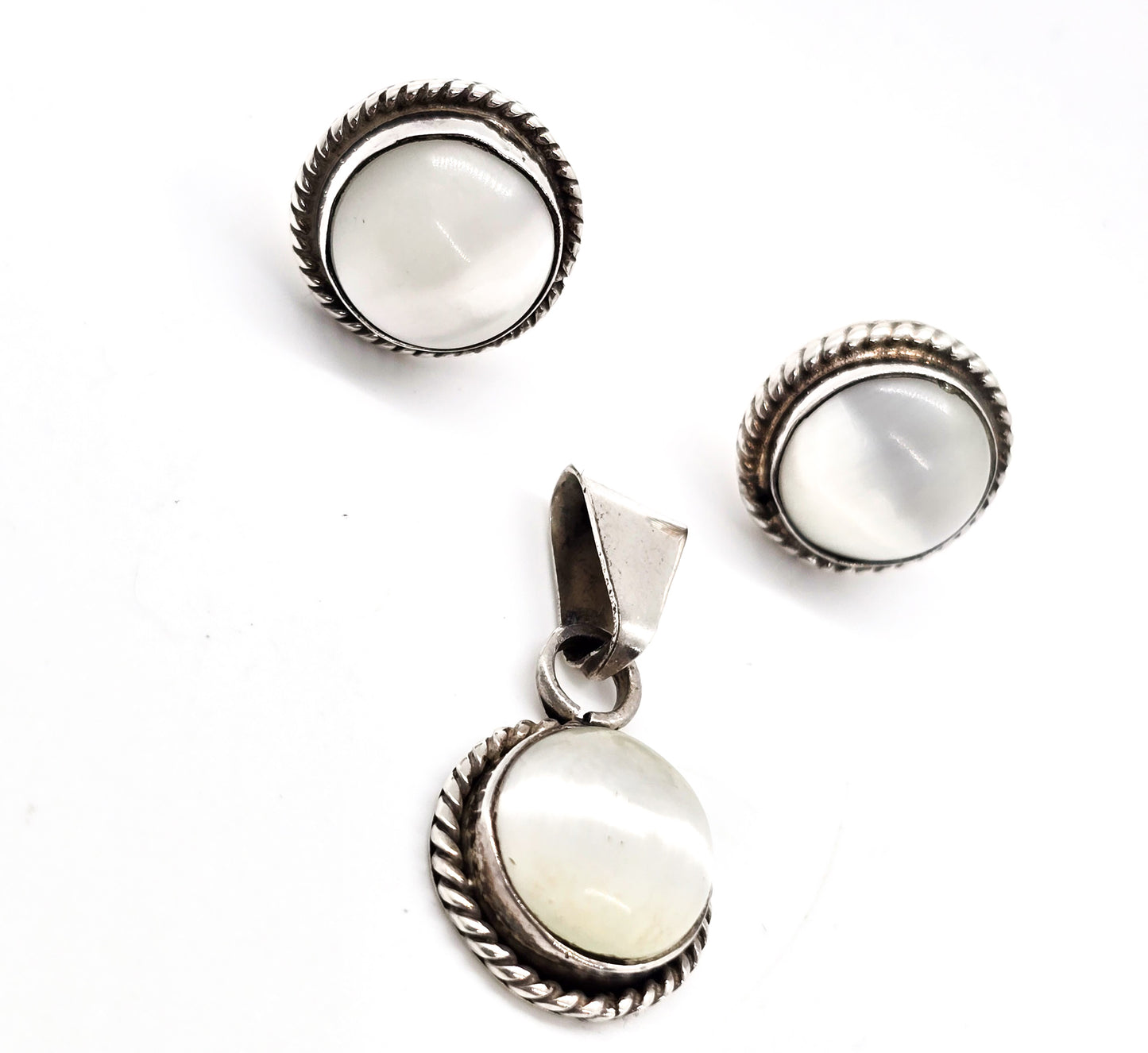 White Mother of Pearl MOP matching sterling silver earrings and pendant set