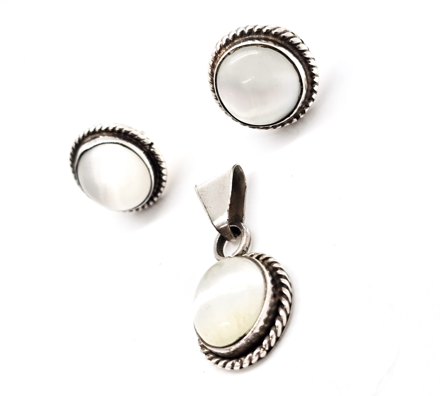 White Mother of Pearl MOP matching sterling silver earrings and pendant set