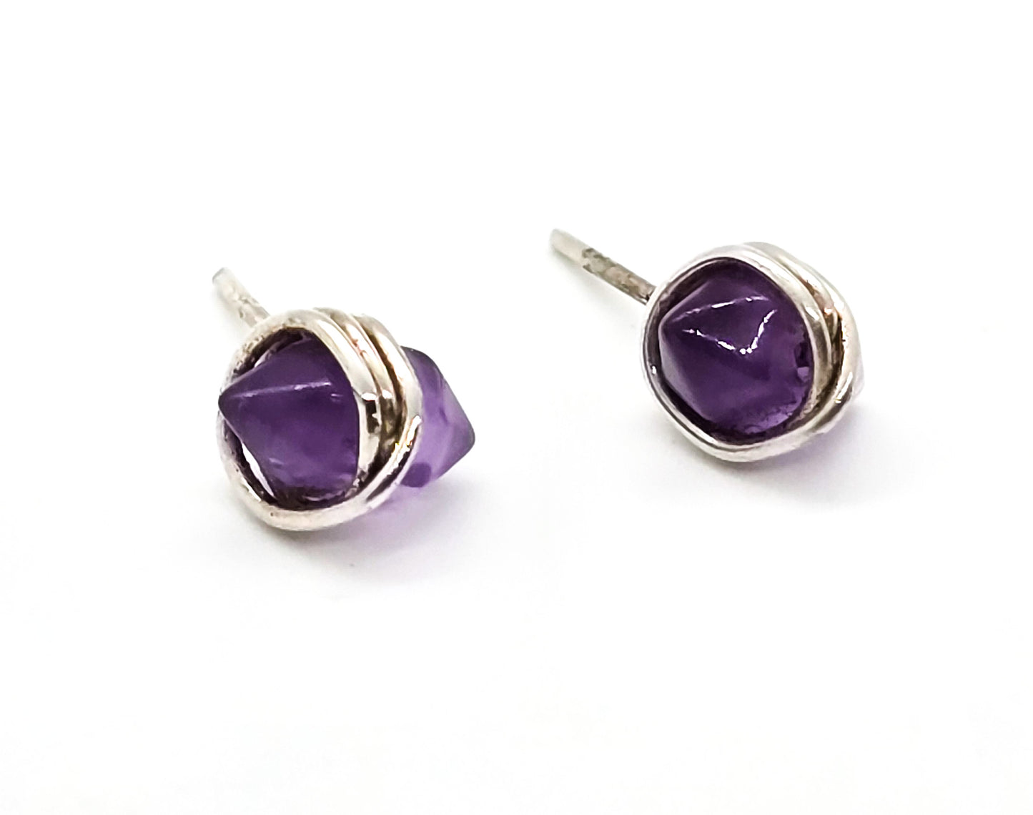 Double terminated amethyst purple gemstone sterling silver wrapped stud earrings