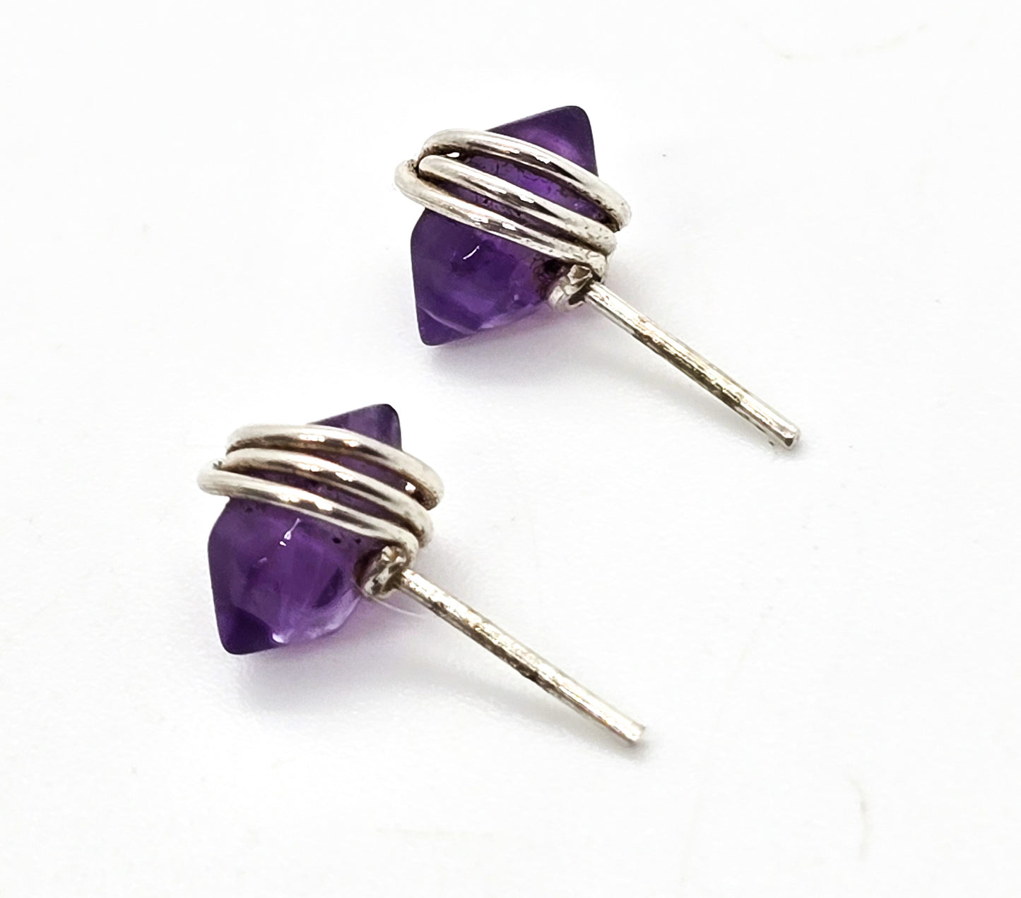 Double terminated amethyst purple gemstone sterling silver wrapped stud earrings