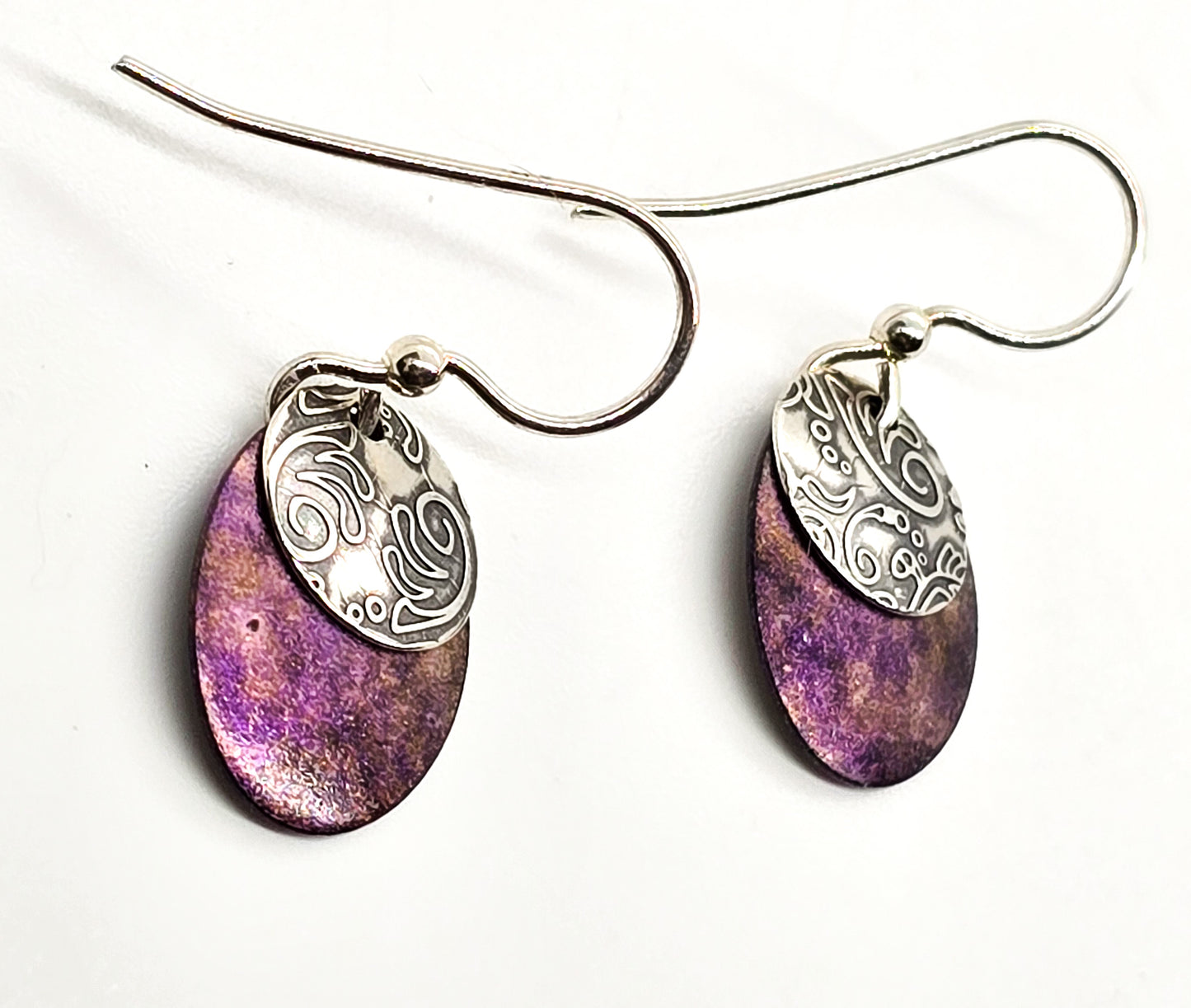 Purple Niobium Embossed disk artisan sterling silver vintage drop earrings