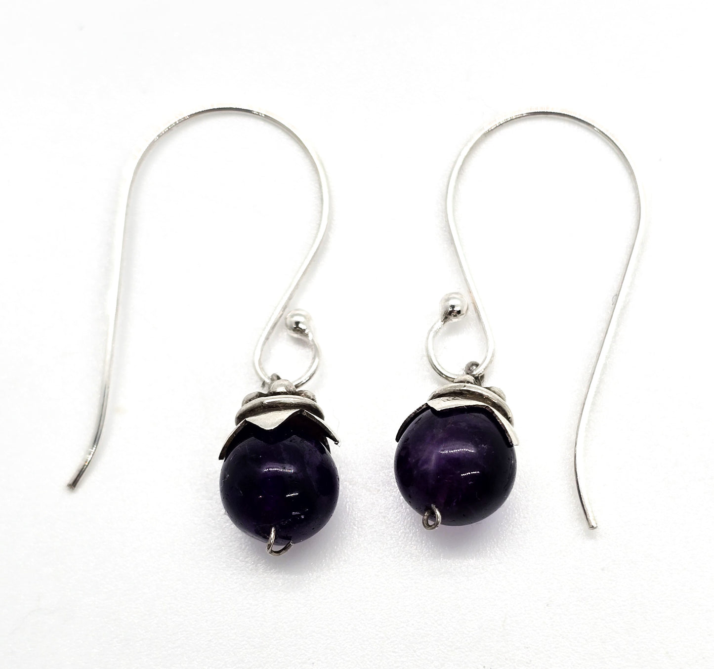 Amethyst purple gemstone tribal Bali style vintage sterling silver drop earrings