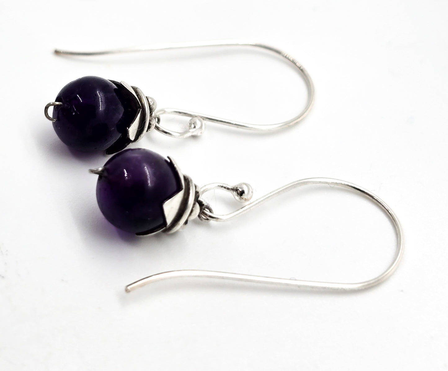 Amethyst purple gemstone tribal Bali style vintage sterling silver drop earrings