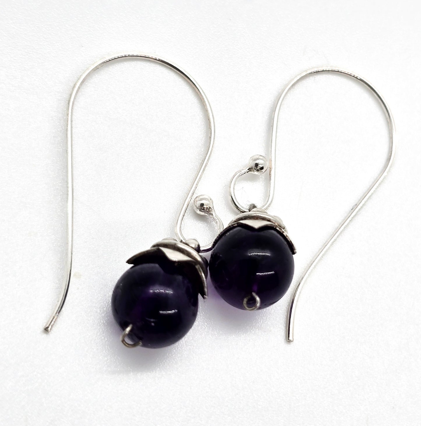 Amethyst purple gemstone tribal Bali style vintage sterling silver drop earrings