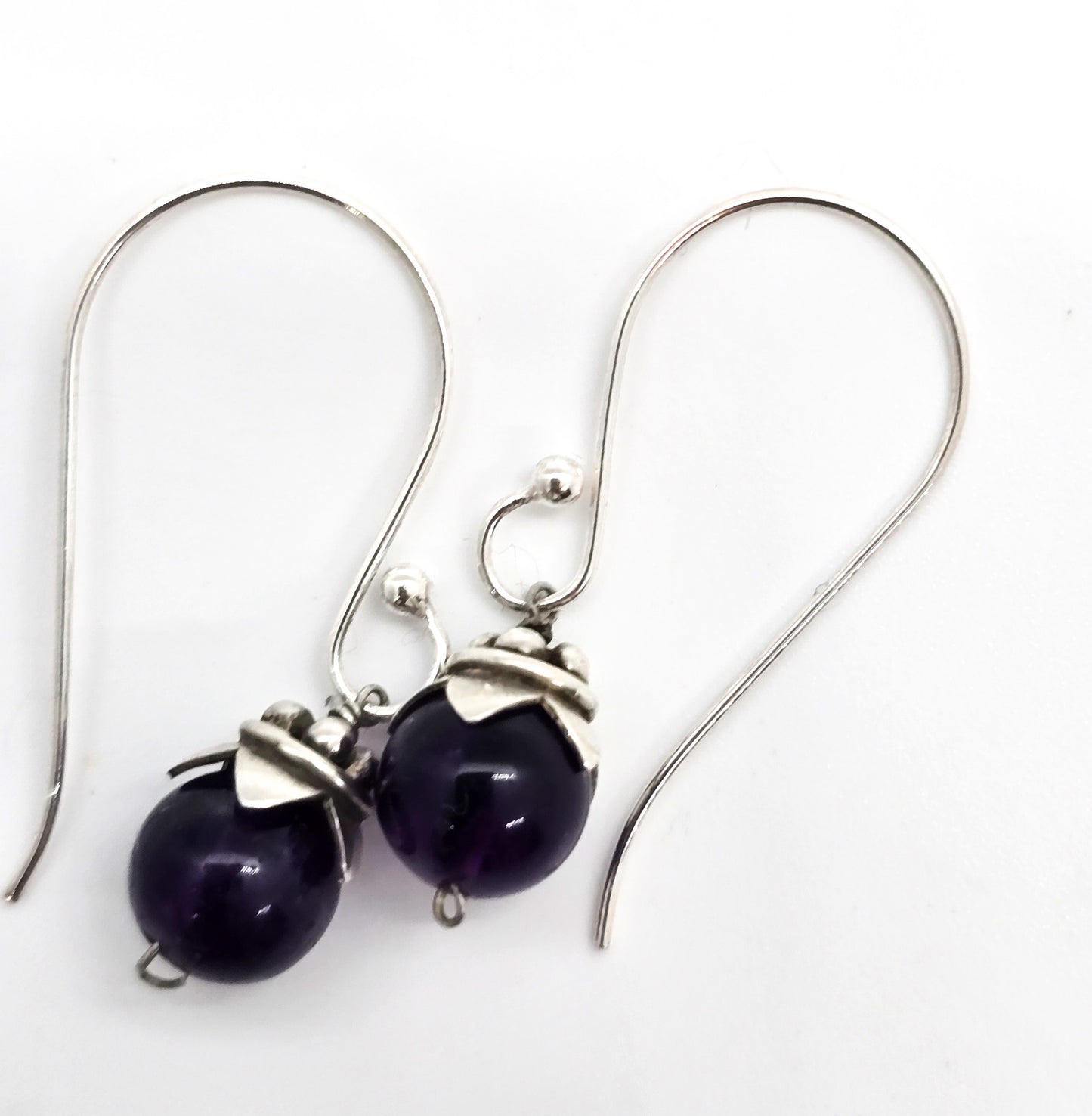 Amethyst purple gemstone tribal Bali style vintage sterling silver drop earrings