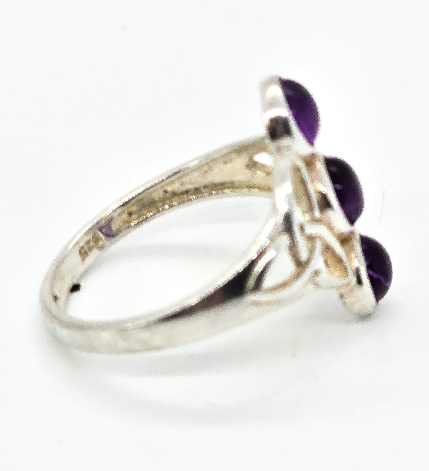 Three Stone Amethyst Celtic Trinity Knot sterling silver ring size 8 and 1/4
