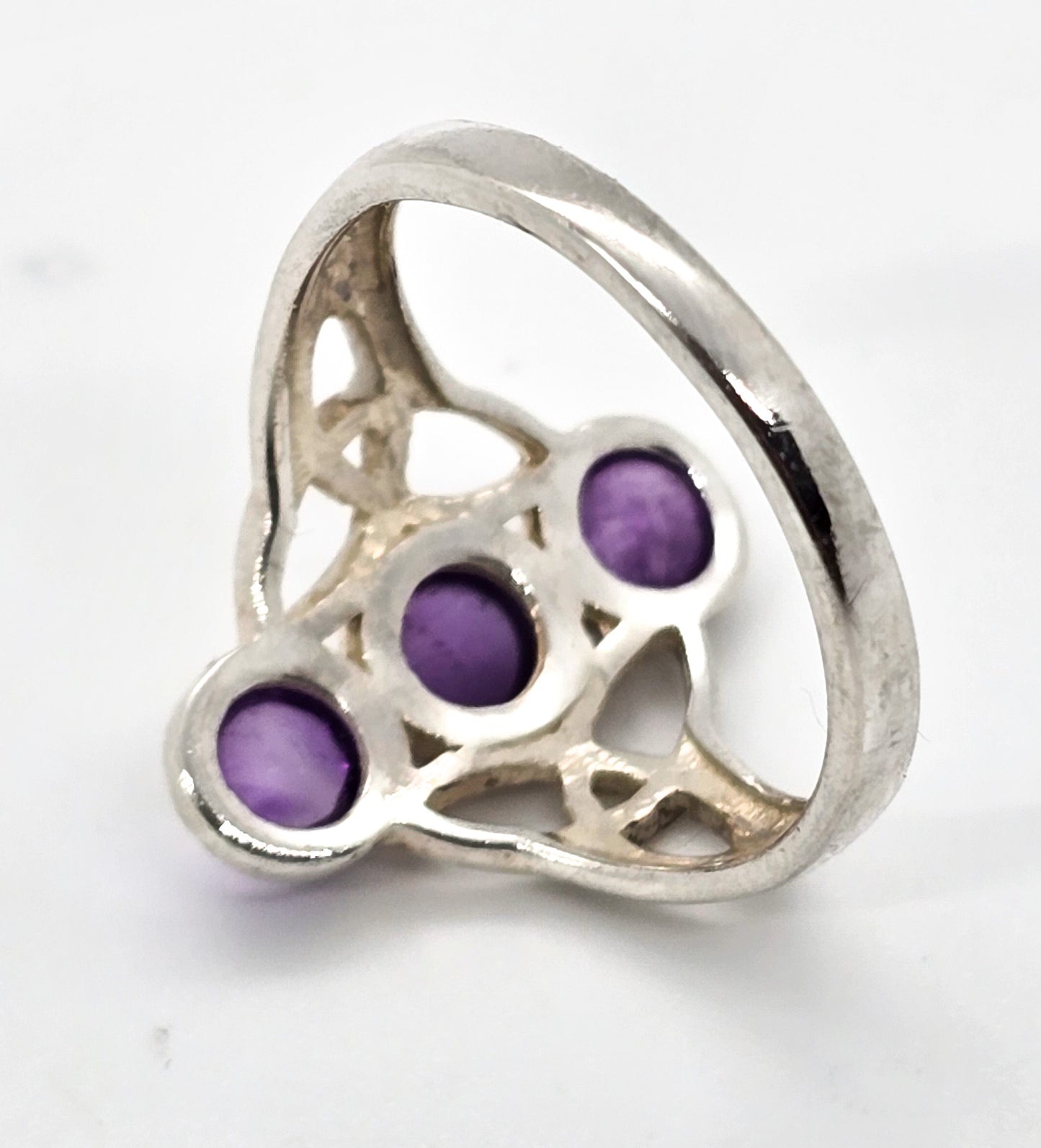 Three Stone Amethyst Celtic Trinity Knot sterling silver ring size 8 and 1/4
