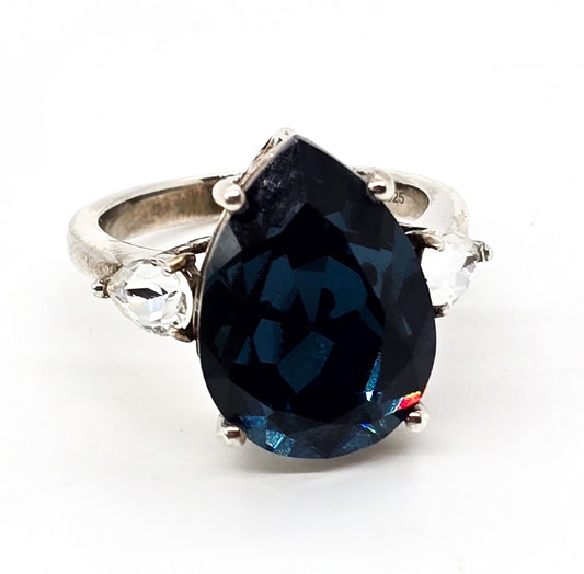 D'Joy Blue Cubic Zirconia Pear cut sterling silver ring with clear accents size 9